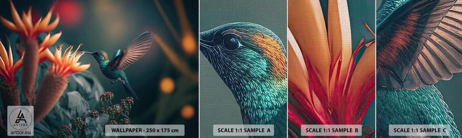 Échantillon de Papier Peint Premium Canvas - une vie vraiment colorée - Oiseau, Exotique, Fleur - 100x30 cm