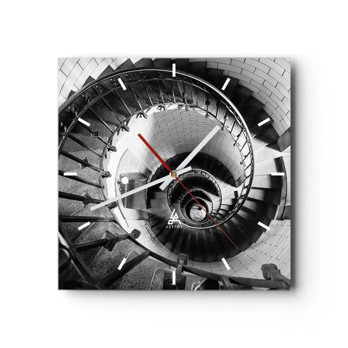 Horloge murale - Pendule murale - Photographie en noir et blanc d'un escalier en colimaçon avec une perspective de haut en bas - 30x30cm - De plus en plus haut - Décoration murale moderne pour le salon et la chambre ARTTOR