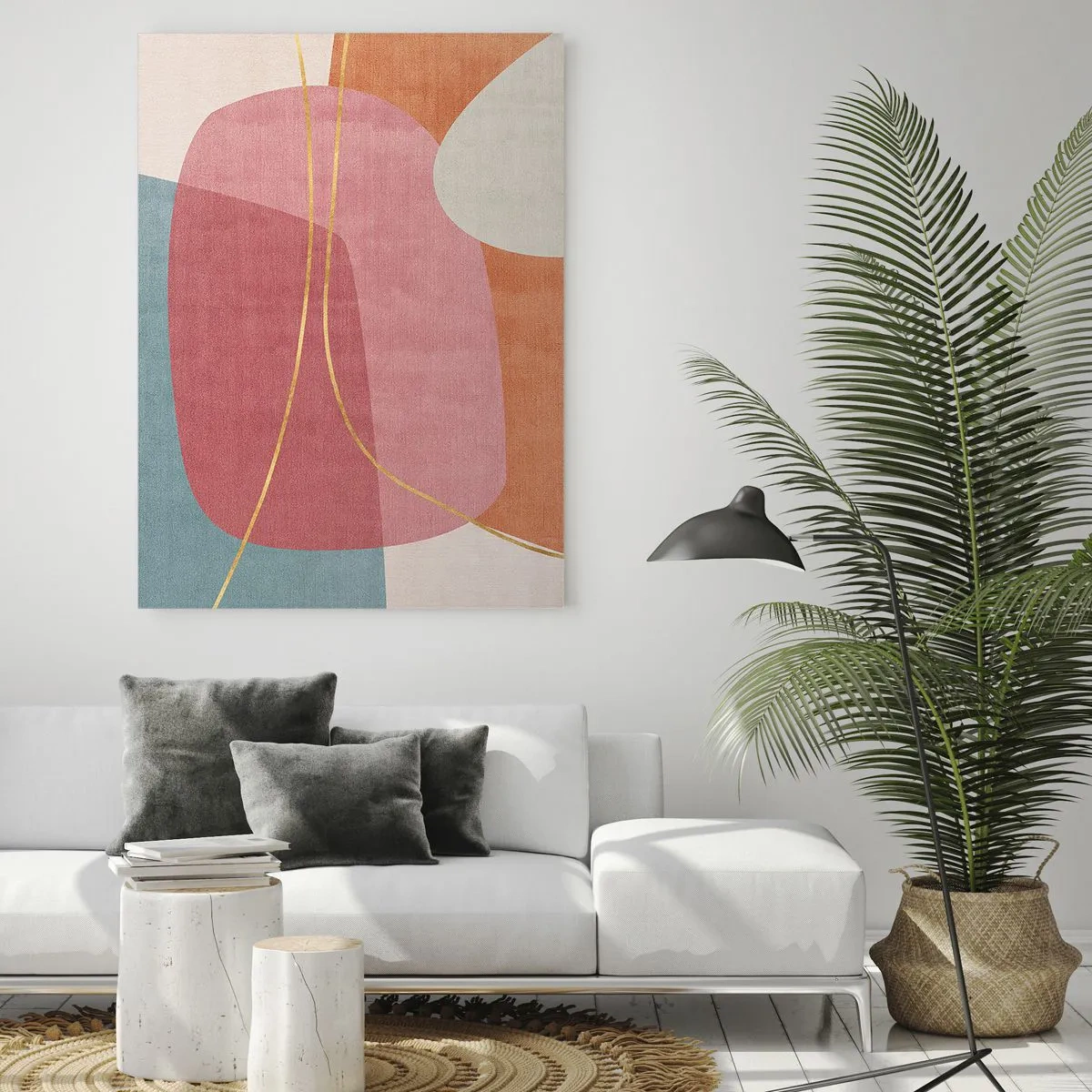 Impression sur verre - Image sur verre - Formes pastel avec des lignes dorées entrecroisées - 50x70cm - Composition pastel au fil d'or - Décoration murale moderne pour le salon et la chambre ARTTOR