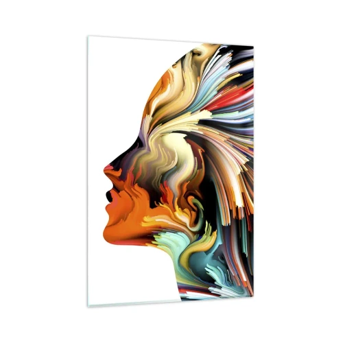 Impression sur verre - Image sur verre - Profil de visage abstrait avec des lignes dynamiques colorées. - 80x120cm - Une explosion d'imaginaire - Décoration murale moderne pour le salon et la chambre ARTTOR