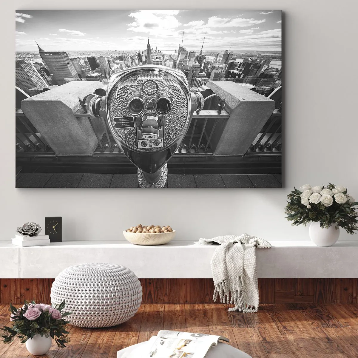 Impression sur toile - Image sur toile - Vue monochrome à travers le télescope du panorama de la ville - 70x50cm - Ville sur les villes - Décoration murale moderne pour le salon et la chambre ARTTOR