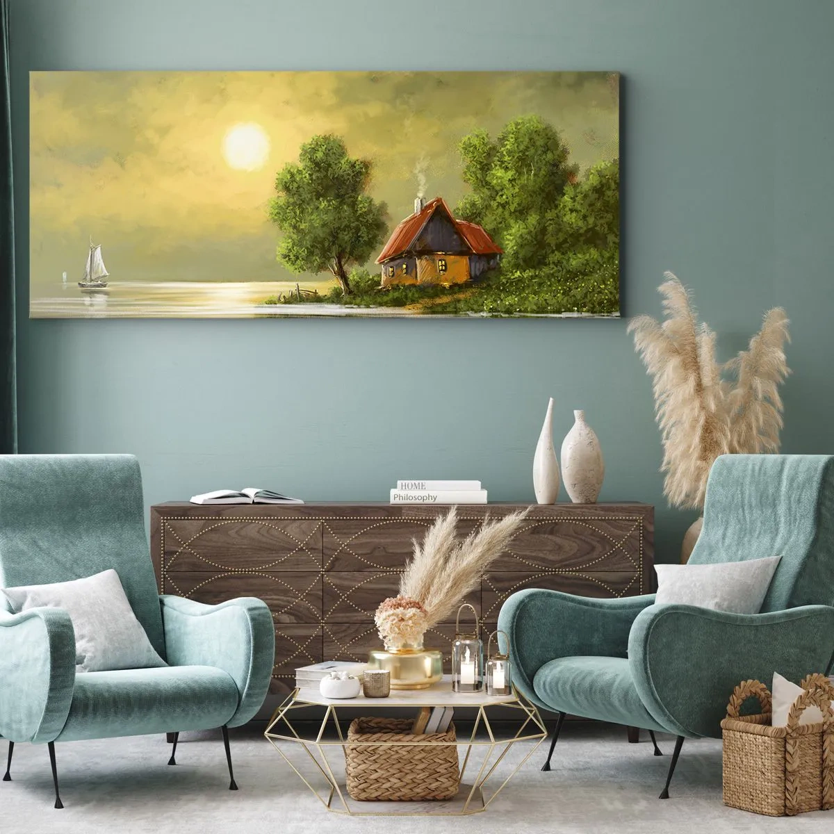 Impression sur toile - Image sur toile - Maison au bord du lac dans la lumière du coucher du soleil - 140x50cm - Beau, comme une image - Décoration murale moderne pour le salon et la chambre ARTTOR