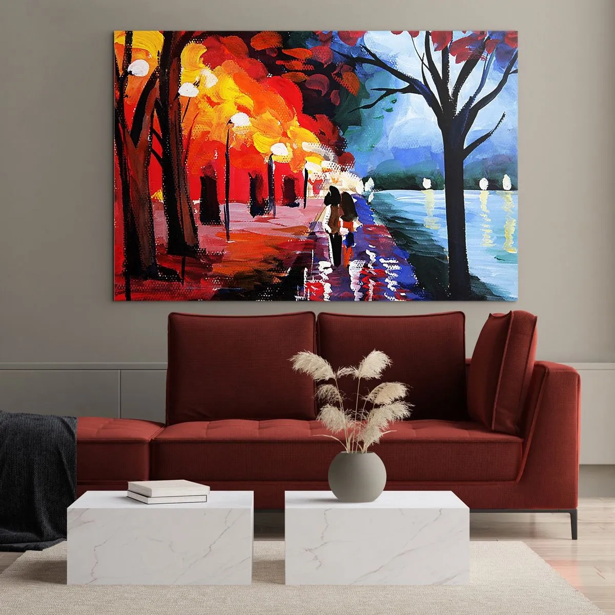 Impression sur verre - Image sur verre - Un couple se promenant dans un parc coloré le soir - 70x50cm - Automne flamboyant dans le parc - Décoration murale moderne pour le salon et la chambre ARTTOR