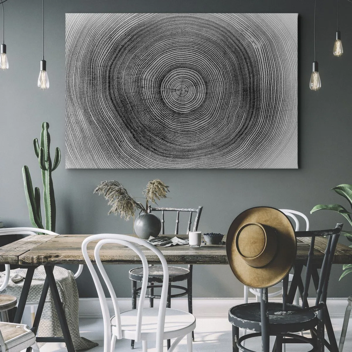 Impression sur toile - Image sur toile - Motif de cernes d'arbre noir et blanc montrant une coupe transversale du tronc - 70x50cm - Signe du temps - Décoration murale moderne pour le salon et la chambre ARTTOR