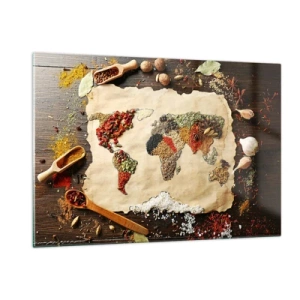 Impression sur verre - Image sur verre - Une carte du monde composée de diverses épices sur un fond rustique. - 120x80cm - Toutes les saveurs du monde - Décoration murale moderne pour le salon et la chambre ARTTOR
