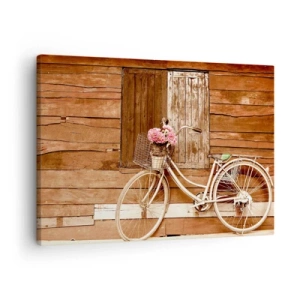Impression sur toile - Image sur toile - Un vélo avec un panier rempli de roses contre un mur en bois - 70x50cm - Je reviens tout de suite - Décoration murale moderne pour le salon et la chambre ARTTOR