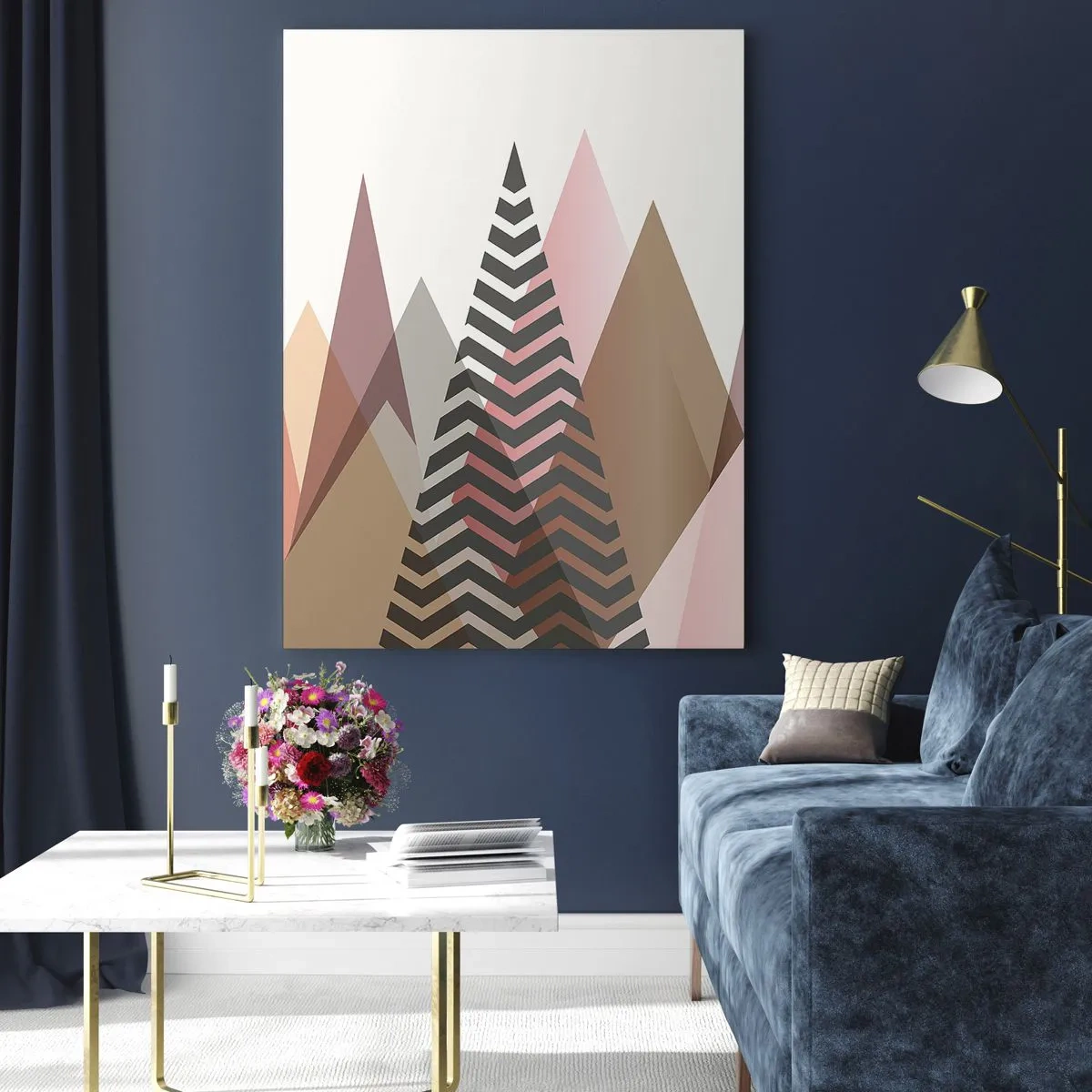 Impression sur verre - Image sur verre - Montagnes pastel géométriques avec un motif central - 50x70cm - Vue pyramidale - Décoration murale moderne pour le salon et la chambre ARTTOR