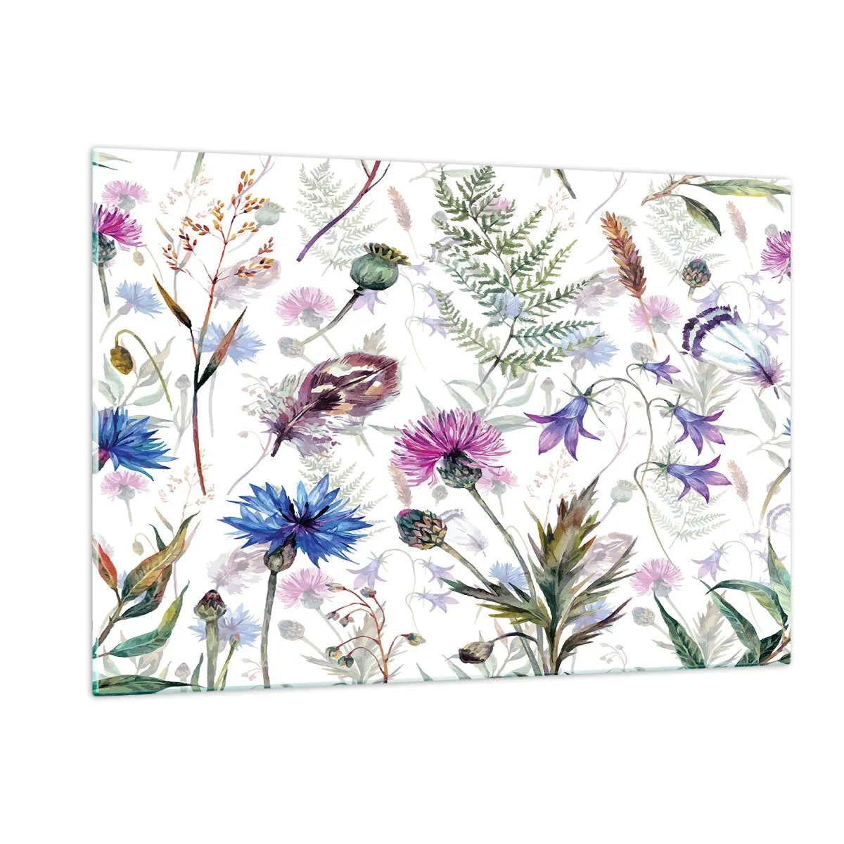 Impression sur verre - Image sur verre - Dessins de fleurs sauvages et de feuilles sur fond clair - 120x80cm - Herbier polonais - Décoration murale moderne pour le salon et la chambre ARTTOR