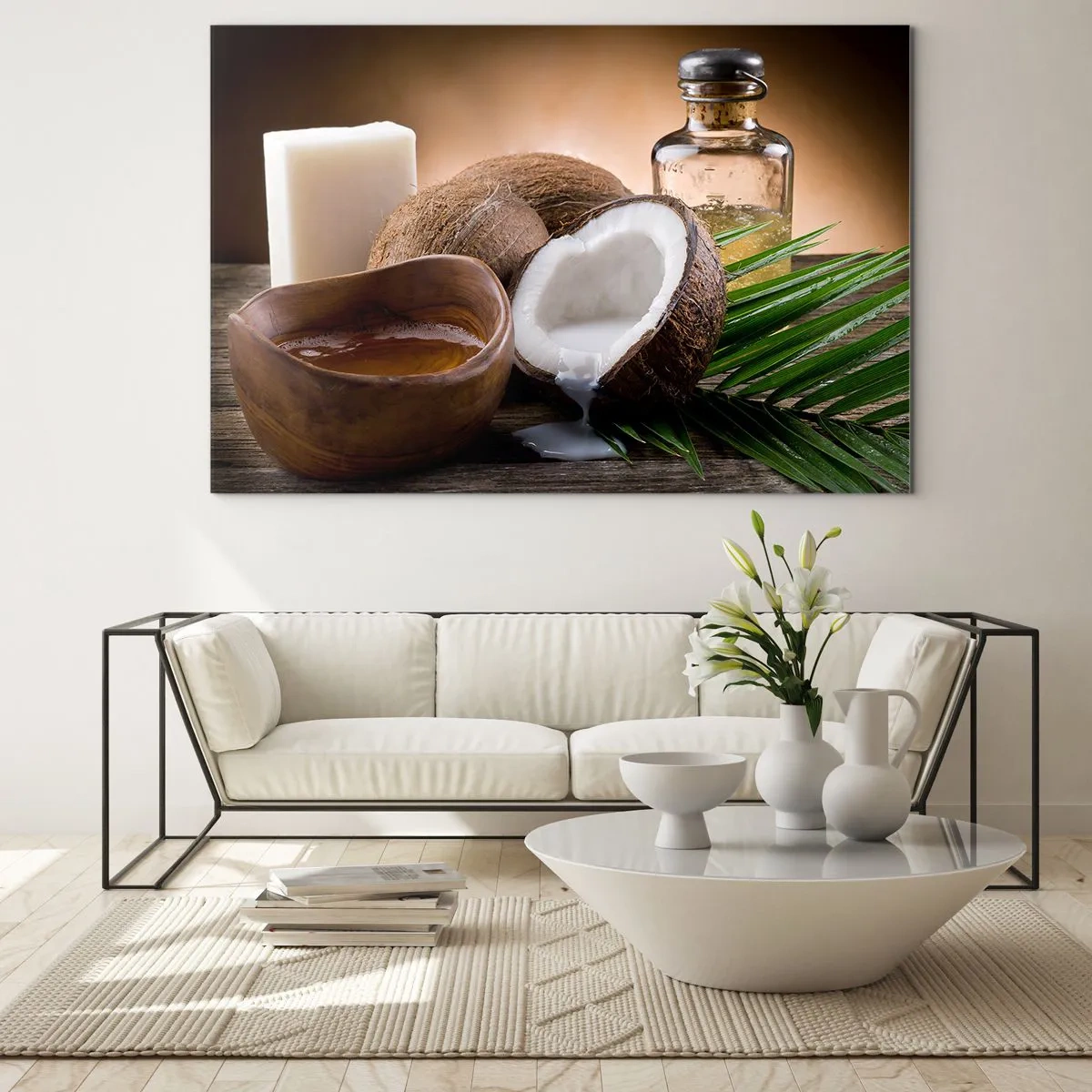 Impression sur verre - Image sur verre - Ingrédients naturels avec de la noix de coco et de l'huile sur un fond en bois - 70x50cm - Santé des îles tropicales - Décoration murale moderne pour le salon et la chambre ARTTOR
