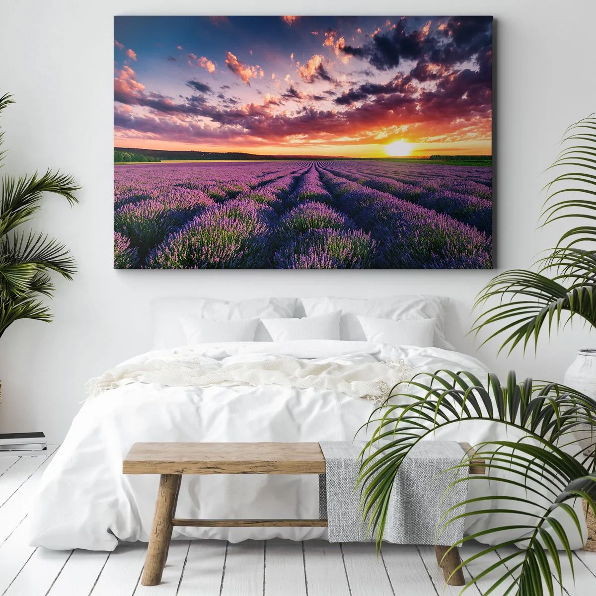 Impression sur toile - Image sur toile - Un champ de lavande au coucher du soleil avec un ciel coloré - 70x50cm - Monde de lavande - Décoration murale moderne pour le salon et la chambre ARTTOR