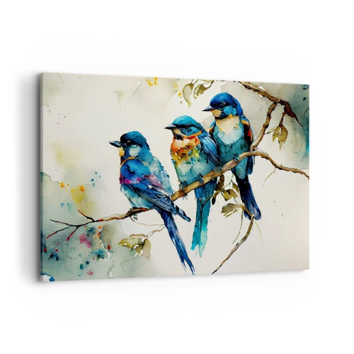 Impression sur toile - Image sur toile - Trois oiseaux colorés sur une branche dans un style aquarelle - 120x80cm - A-t-il été offensé ? - Décoration murale moderne pour le salon et la chambre ARTTOR