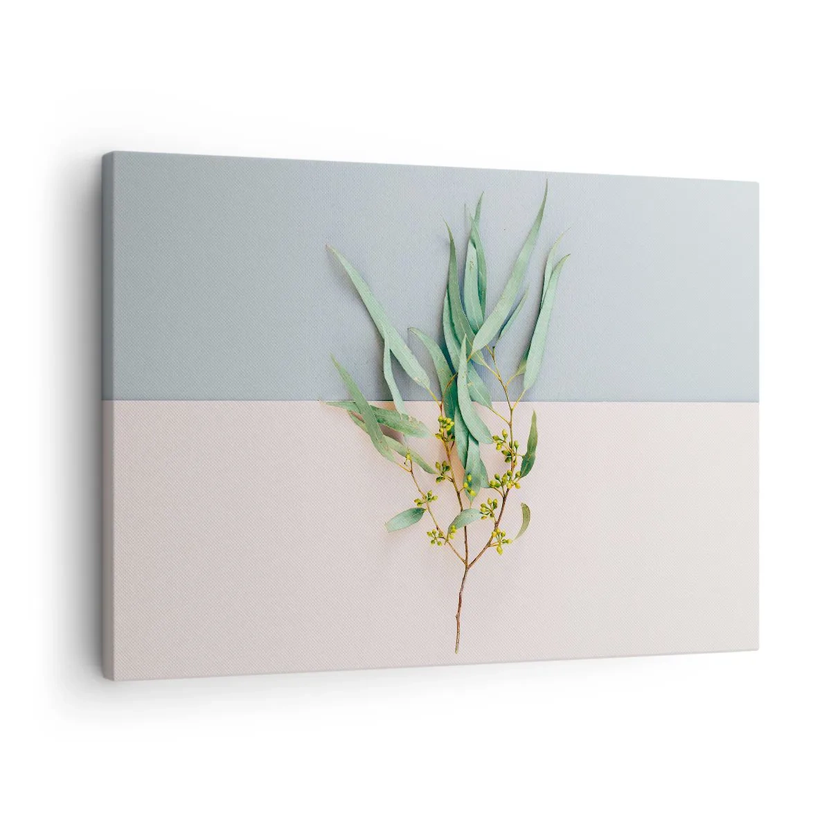 Impression sur toile - Image sur toile - Une branche avec des feuilles sur un fond de tons pastel - 70x50cm - Subtilité pastel - Décoration murale moderne pour le salon et la chambre ARTTOR