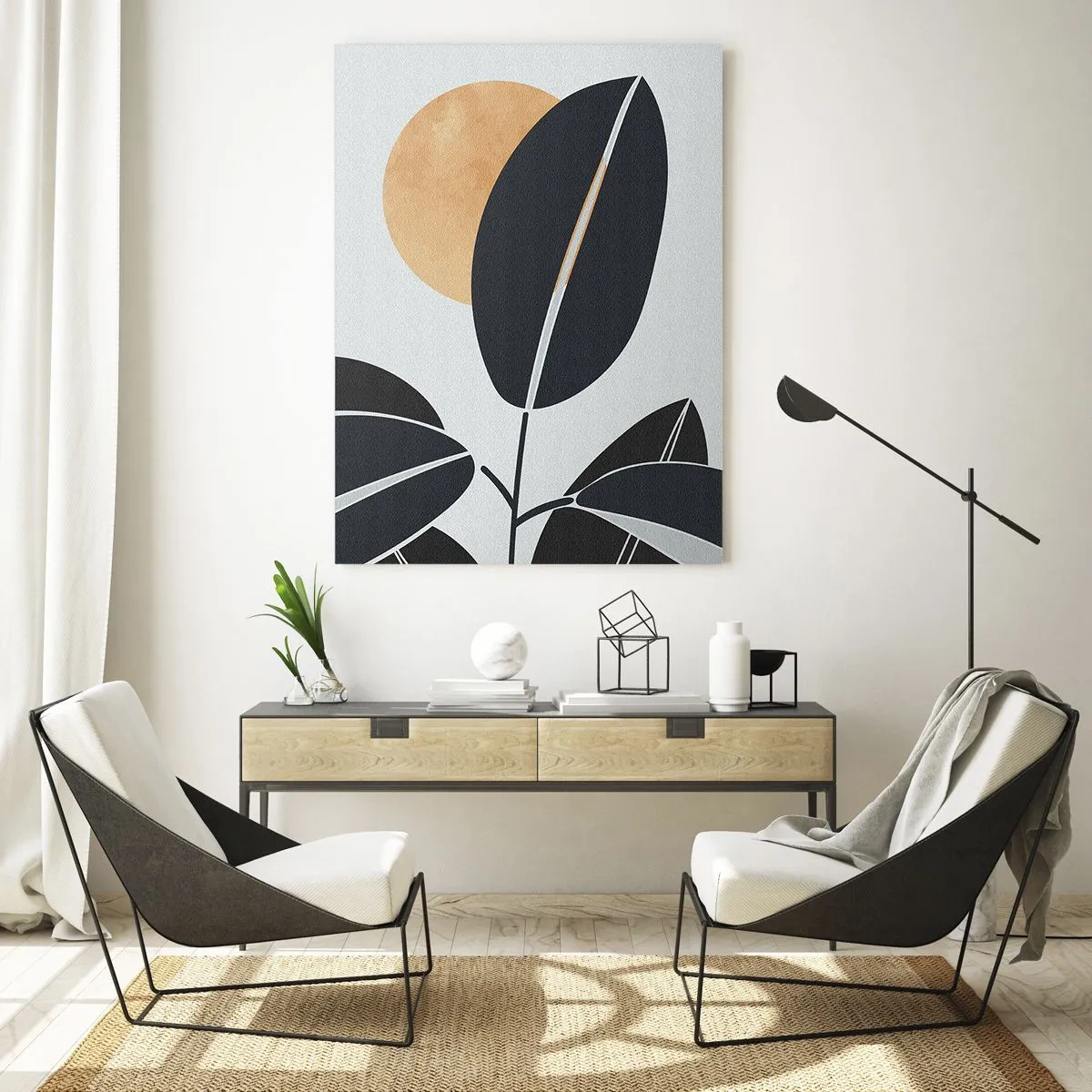 Impression sur verre - Image sur verre - Un motif de feuille minimaliste avec un soleil brillant en arrière-plan. - 80x120cm - Une chaude journée d'été - Décoration murale moderne pour le salon et la chambre ARTTOR