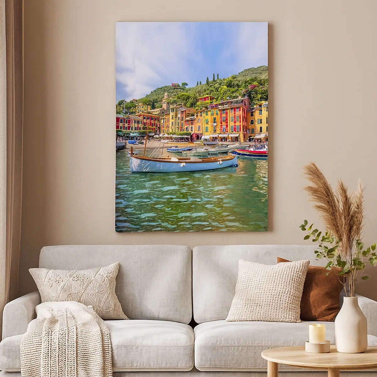Impression sur toile - Image sur toile - Maisons de ville colorées et bateaux dans une ville balnéaire italienne - 50x70cm - Matinée italienne - Décoration murale moderne pour le salon et la chambre ARTTOR
