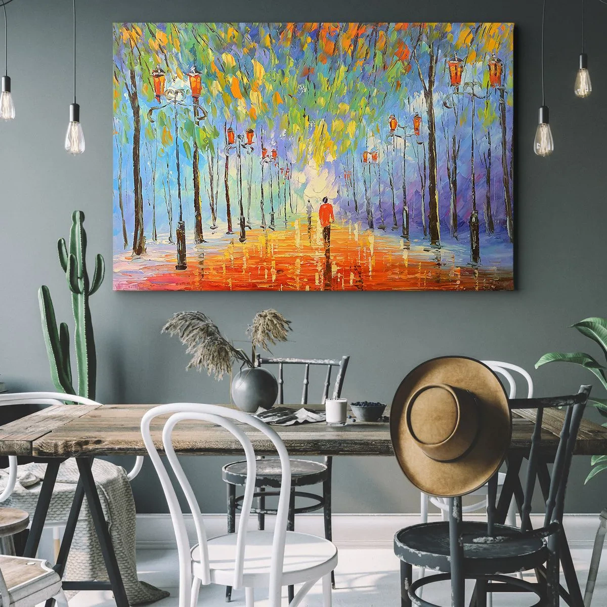 Impression sur toile - Image sur toile - Une promenade pittoresque parmi les lanternes par une nuit pluvieuse - 120x80cm - Chant nocturne de la pluie - Décoration murale moderne pour le salon et la chambre ARTTOR