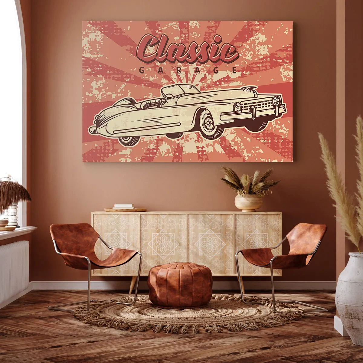 Impression sur toile - Image sur toile - Affiche rétro avec une voiture classique et les mots Classic Garage - 120x80cm - Et à la radio, Elvis - Décoration murale moderne pour le salon et la chambre ARTTOR