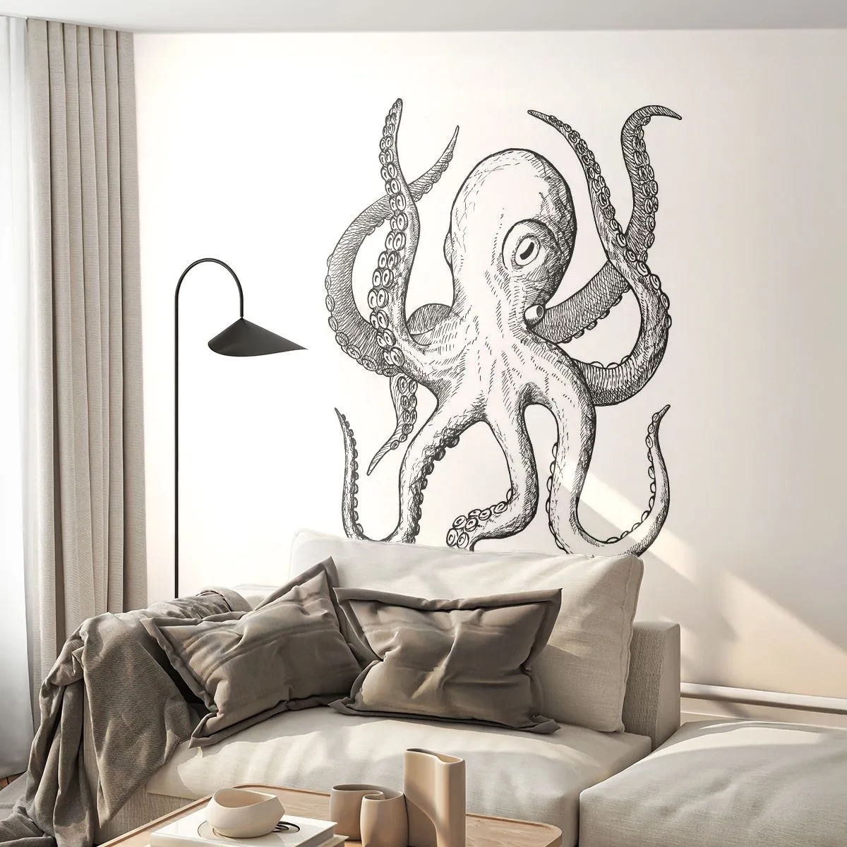 Papier Peint Autocollant Deluxe Sticker - Dansant avec les vagues - Pieuvre, Dessin, Bord de mer - 500x350 cm