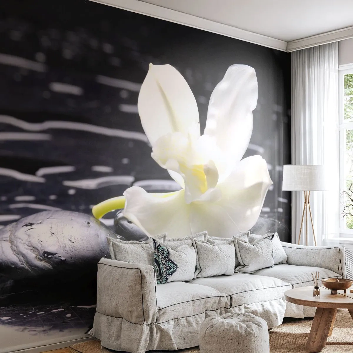 Papier Peint Photo Premium Canvas - Étude en noir et blanc - Fleurs, Des pierres, Orchidée - 300x210 cm