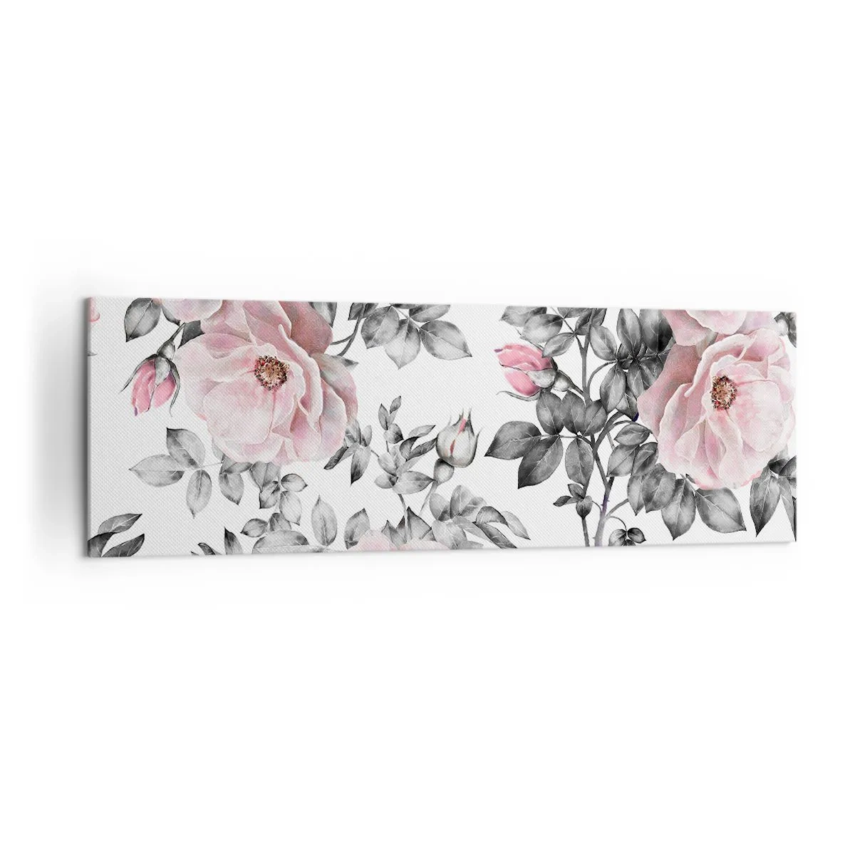 Impression sur toile - Image sur toile - Roses roses et feuilles sur un délicat fond noir et blanc - 160x50cm - Se perdre dans les fleurs des roses - Décoration murale moderne pour le salon et la chambre ARTTOR