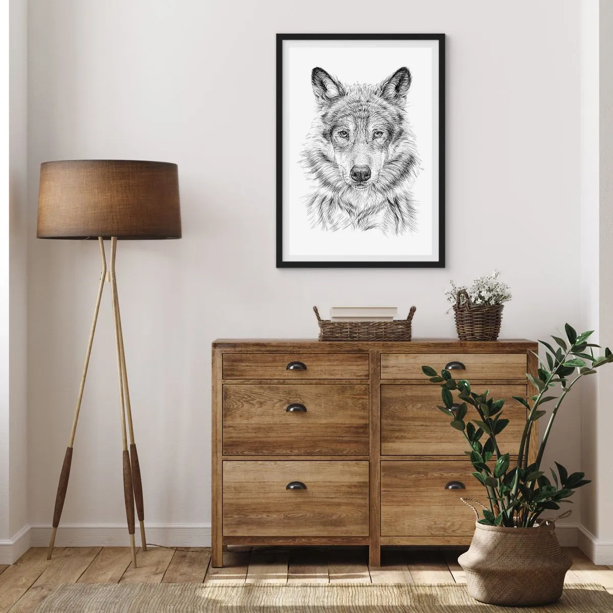 Affiche dans un cadre noir - Poster - Dessin détaillé d'un loup en noir et blanc - 50x70cm - Un leader né - Décoration murale moderne pour le salon et la chambre ARTTOR