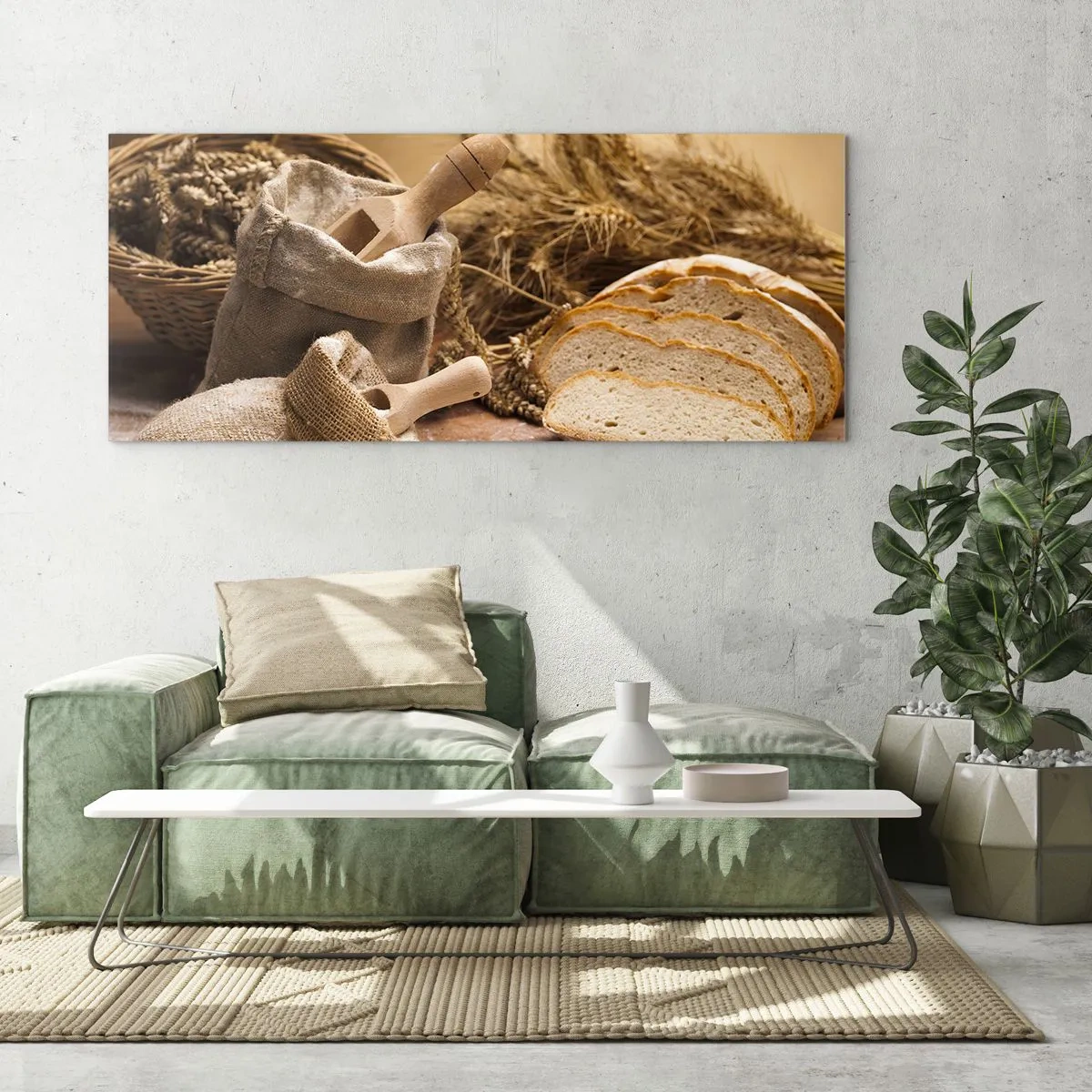 Impression sur verre - Image sur verre - Un paysage avec du pain, de la farine et des épis de blé dans un style rustique. - 160x50cm - Comment il coupe avec un couteau - Décoration murale moderne pour le salon et la chambre ARTTOR