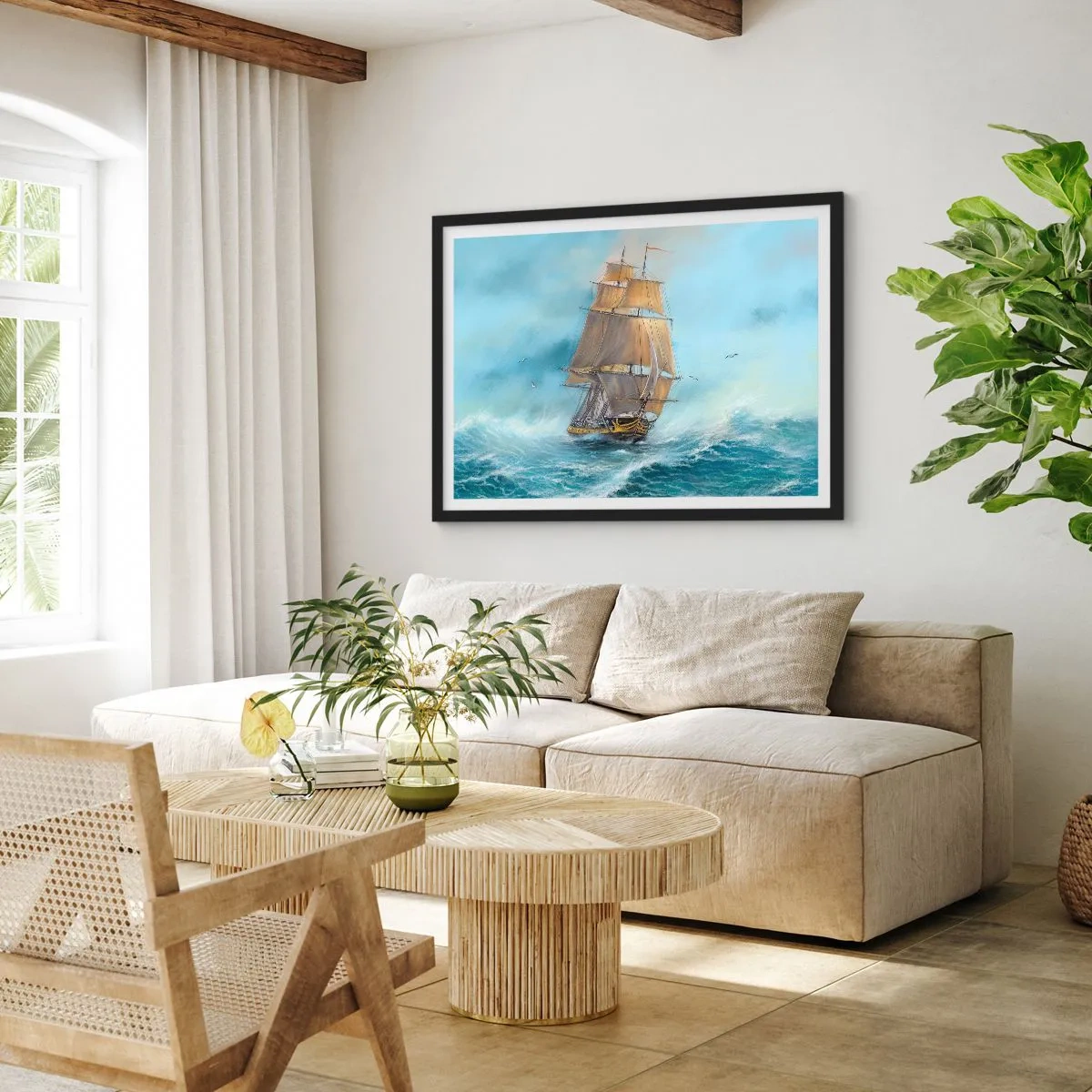 Affiche dans un cadre noir - Poster - Se précipitant sur les vagues - 91x61 cm