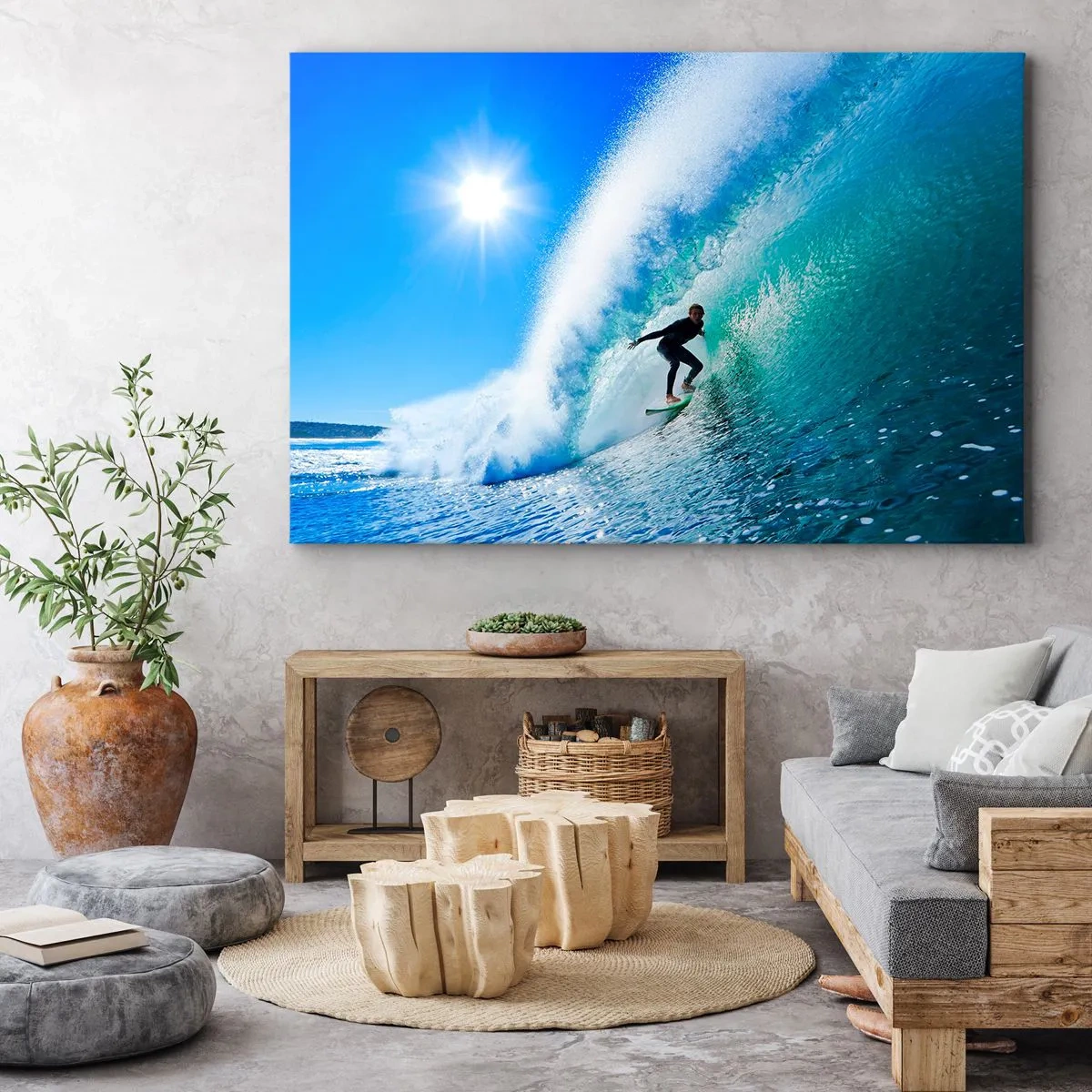 Impression sur toile - Image sur toile - Un surfeur sur une planche chevauche une vague puissante sous un ciel bleu. - 70x50cm - A travers le grand ciel bleu - Décoration murale moderne pour le salon et la chambre ARTTOR
