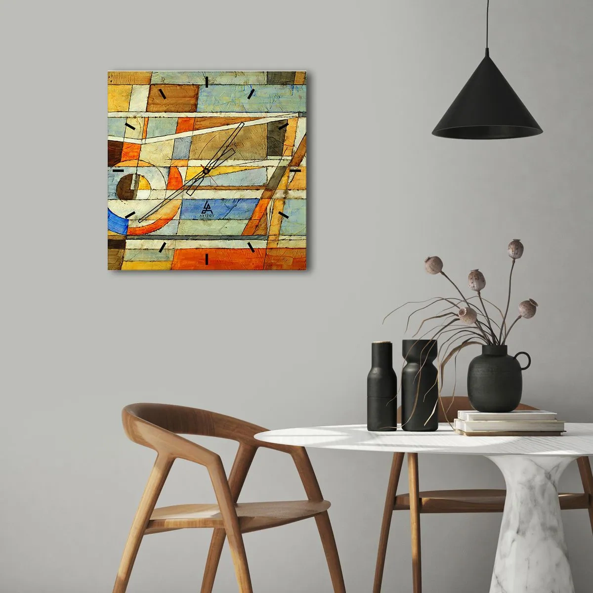 Horloge murale - Pendule murale - Abstraction géométrique dans les tons beige, bleu et orange - 30x30cm - Cubisme sur le chantier - Décoration murale moderne pour le salon et la chambre ARTTOR