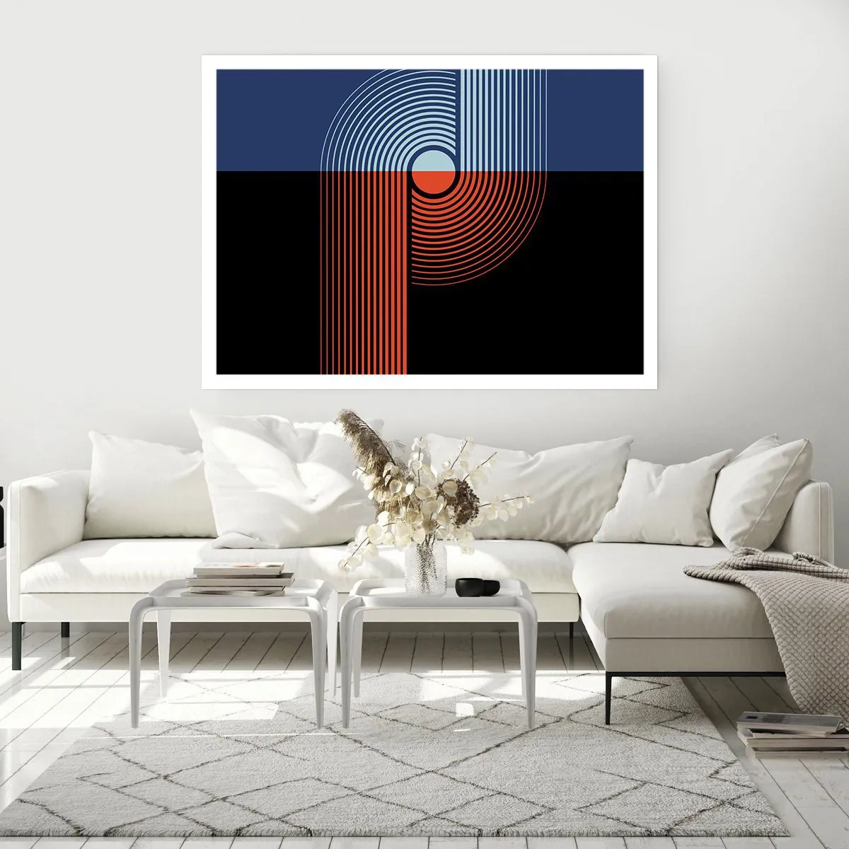 Affiche - Poster - Abstraction géométrique avec des lignes bleu marine et orange. - 100x70cm - Dans une étreinte géométrique - Décoration murale moderne pour le salon et la chambre ARTTOR