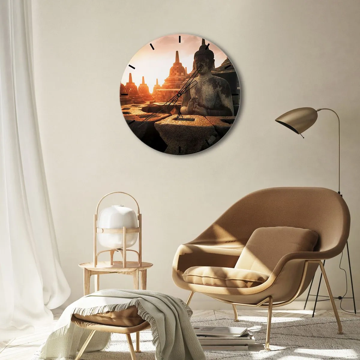 Horloge murale - Pendule murale - Coucher de soleil sur les statues de Bouddha entourées de temples - 30x30cm - Temps de grande sagesse - Décoration murale moderne pour le salon, la cuisine et la chambre ARTTOR