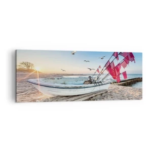 Impression sur toile - Image sur toile - Un bateau sur la plage à l'aube avec des mouettes et des drapeaux rouges - 140x50cm - Repos mérité - Décoration murale moderne pour le salon et la chambre ARTTOR