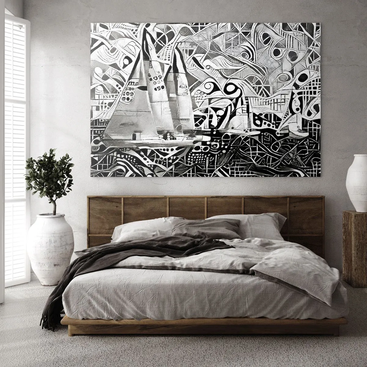 Impression sur verre - Image sur verre - Abstraction en noir et blanc avec voiliers et motifs géométriques - 120x80cm - Entre les vagues - Décoration murale moderne pour le salon et la chambre ARTTOR