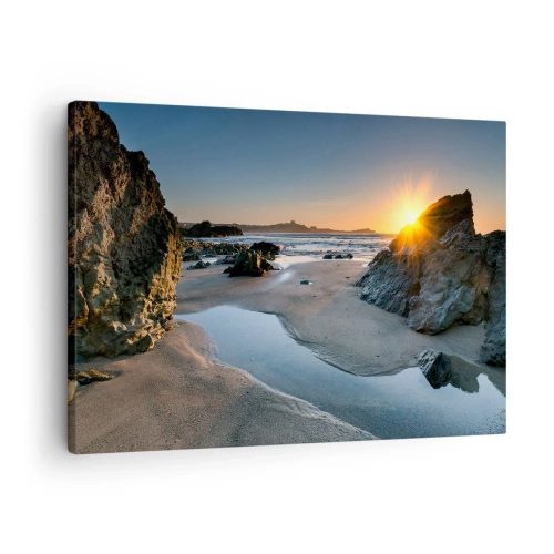 Impression sur toile - Image sur toile - Coucher de soleil pittoresque sur une plage rocheuse - 70x50cm - Intouché par la main de l'homme - Décoration murale moderne pour le salon et la chambre ARTTOR