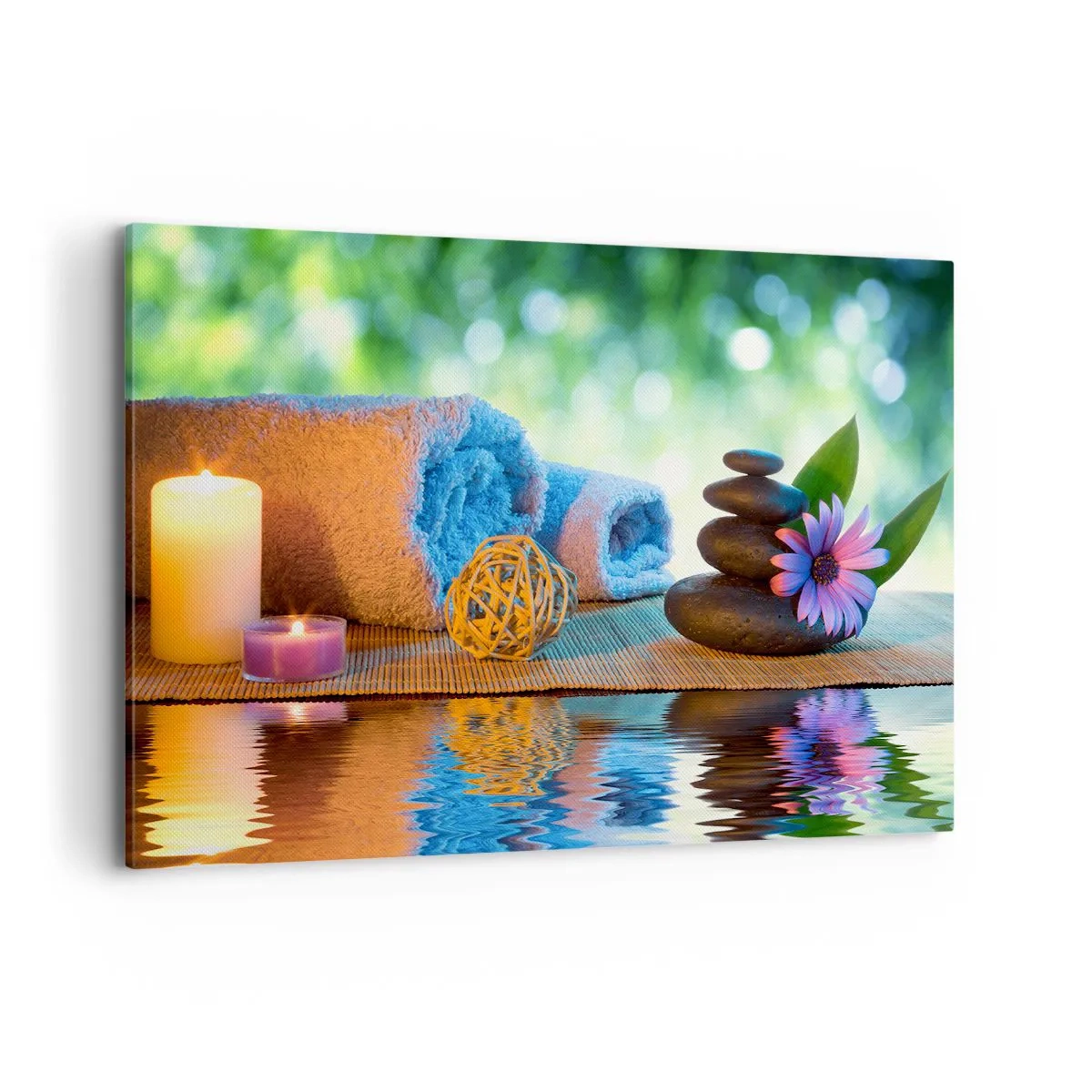 Impression sur toile - Image sur toile - Ensemble SPA relaxant avec serviettes, bougies et pierres - 120x80cm - Temps pour le corps - Décoration murale moderne pour le salon et la chambre ARTTOR