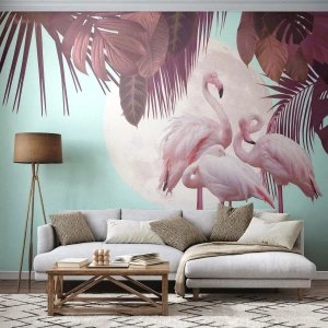 Papier peint sur mesure Standard Eco - Trois oiseaux gracieux - Flamants roses, Des oiseaux, Nature