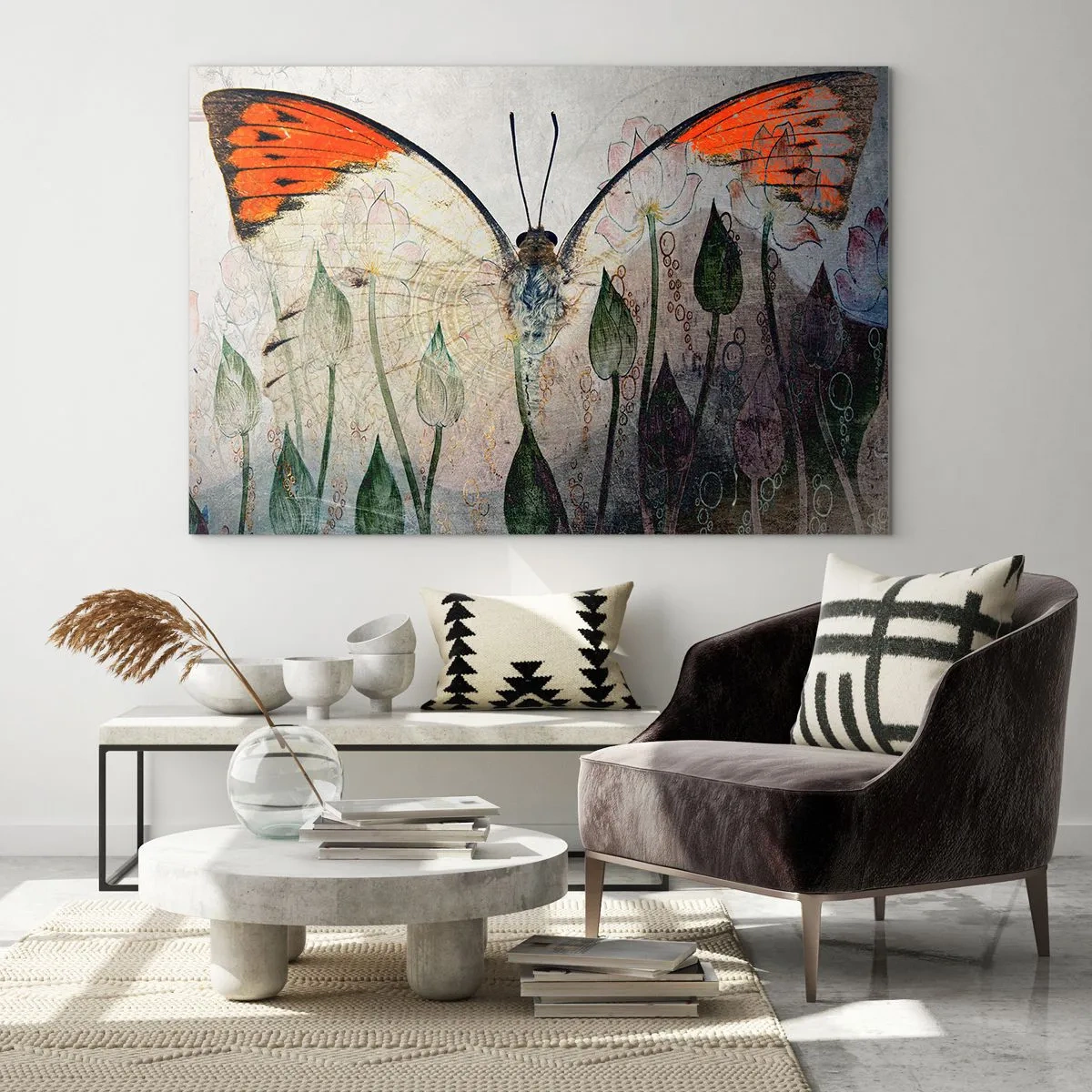 Impression sur verre - Image sur verre - Un papillon artistique entouré de fleurs délicates sur fond gris. - 100x70cm - "Où est le papillon qui se balance sur l'herbe" - Décoration murale moderne pour le salon et la chambre ARTTOR