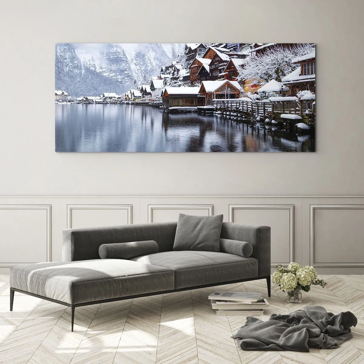 Impression sur verre - Image sur verre - Vue hivernale d'un village de montagne au bord du lac - 120x50cm - En décoration hivernale - Décoration murale moderne pour le salon et la chambre ARTTOR