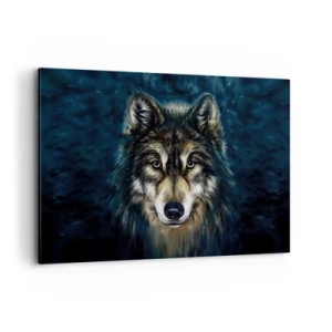 Impression sur toile - Image sur toile - Portrait d'un loup sur fond bleu foncé - 120x80cm - Alpha? Et oméga - Décoration murale moderne pour le salon et la chambre ARTTOR