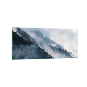 Impression sur verre - Image sur verre - Le brouillard plane sur les flancs boisés des montagnes dans un paysage mystérieux - 120x50cm - Mysticisme des montagnes - Décoration murale moderne pour le salon et la chambre ARTTOR
