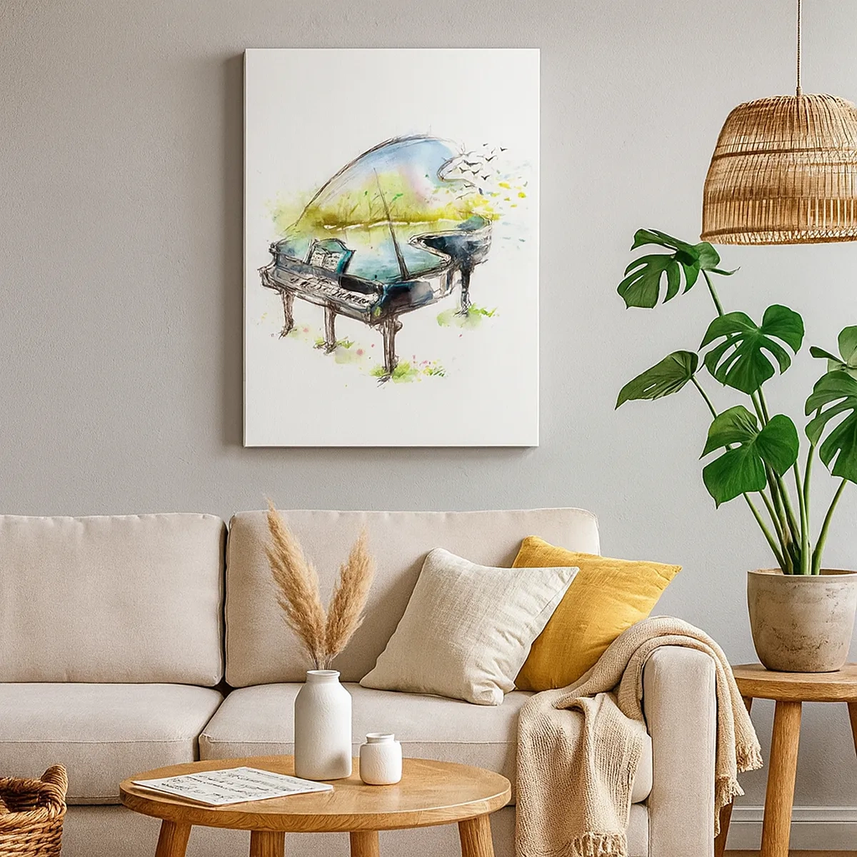 Impression sur toile - Image sur toile - Aquarelle artistique d'un piano avec la nature en arrière-plan - 50x70cm - Enchanté en musique - Décoration murale moderne pour le salon et la chambre ARTTOR