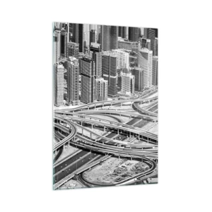 Impression sur verre - Image sur verre - Panorama noir et blanc de la ville avec un carrefour autoroutier - 50x70cm - Dubaï - la ville impossible - Décoration murale moderne pour le salon et la chambre ARTTOR