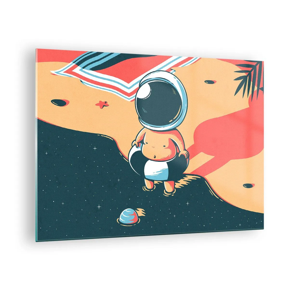 Impression sur verre - Image sur verre - Figure d'astronaute sur une plage avec un paysage cosmique - 70x50cm - Suivant une autre perspective - Décoration murale moderne pour le salon et la chambre ARTTOR