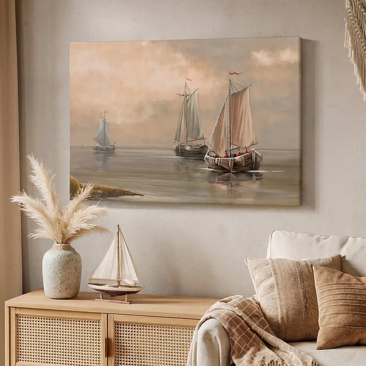 Impression sur toile - Image sur toile - Voiliers sur une mer calme dans un décor pastel - 70x50cm - Le retour des marins - Décoration murale moderne pour le salon et la chambre ARTTOR