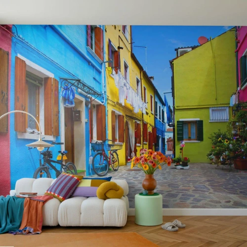 Papier Peint Photo Premium Canvas - Pastel, douce ruelle - Ville, Vélos, Ruelle - 250x175 cm