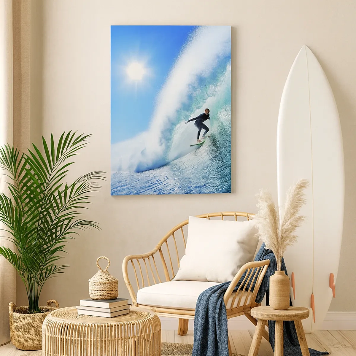 Impression sur toile - Image sur toile - Un surfeur sur une planche chevauche une vague puissante sous un ciel bleu. - 50x70cm - A travers le grand ciel bleu - Décoration murale moderne pour le salon et la chambre ARTTOR