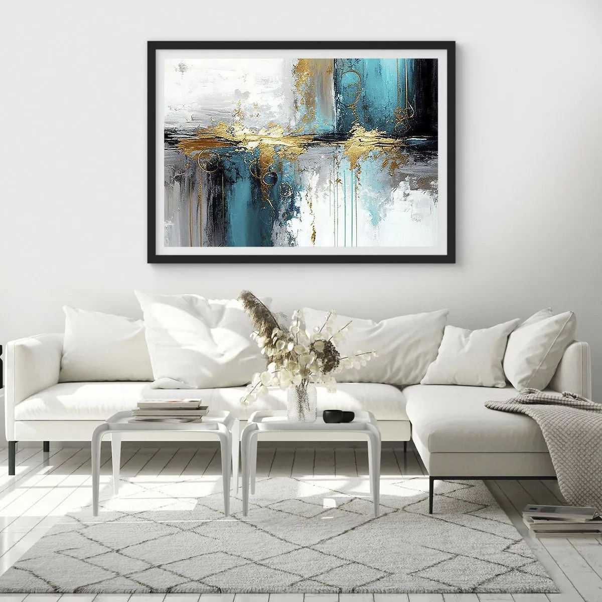 Affiche dans un cadre noir - Poster - Une composition abstraite aux accents turquoise et dorés. - 70x50cm - Tout coule - Décoration murale moderne pour le salon et la chambre ARTTOR