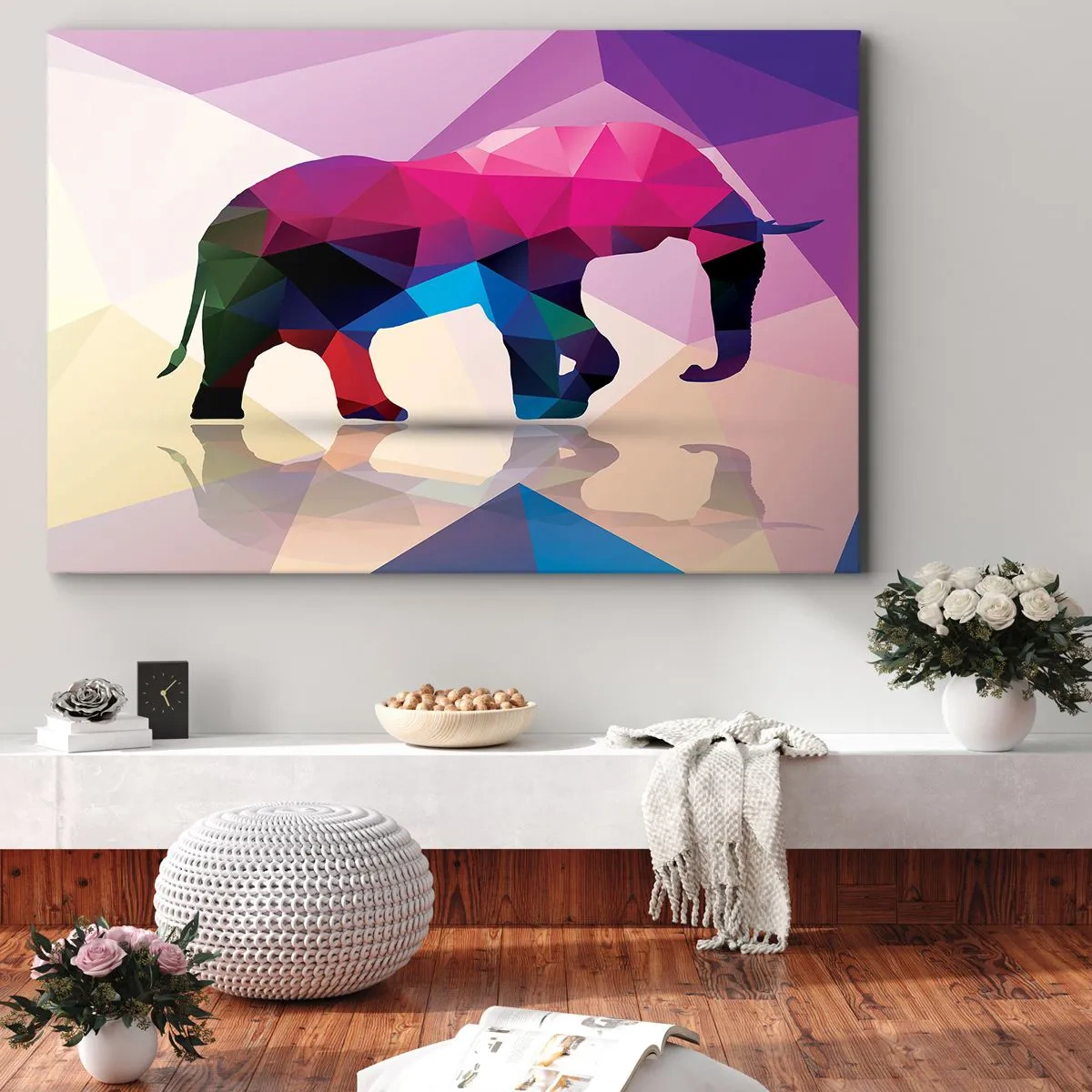 Impression sur toile - Image sur toile - Silhouette géométrique d'un éléphant aux couleurs vives - 100x70cm - Dinosaure en cristal - Décoration murale moderne pour le salon et la chambre ARTTOR