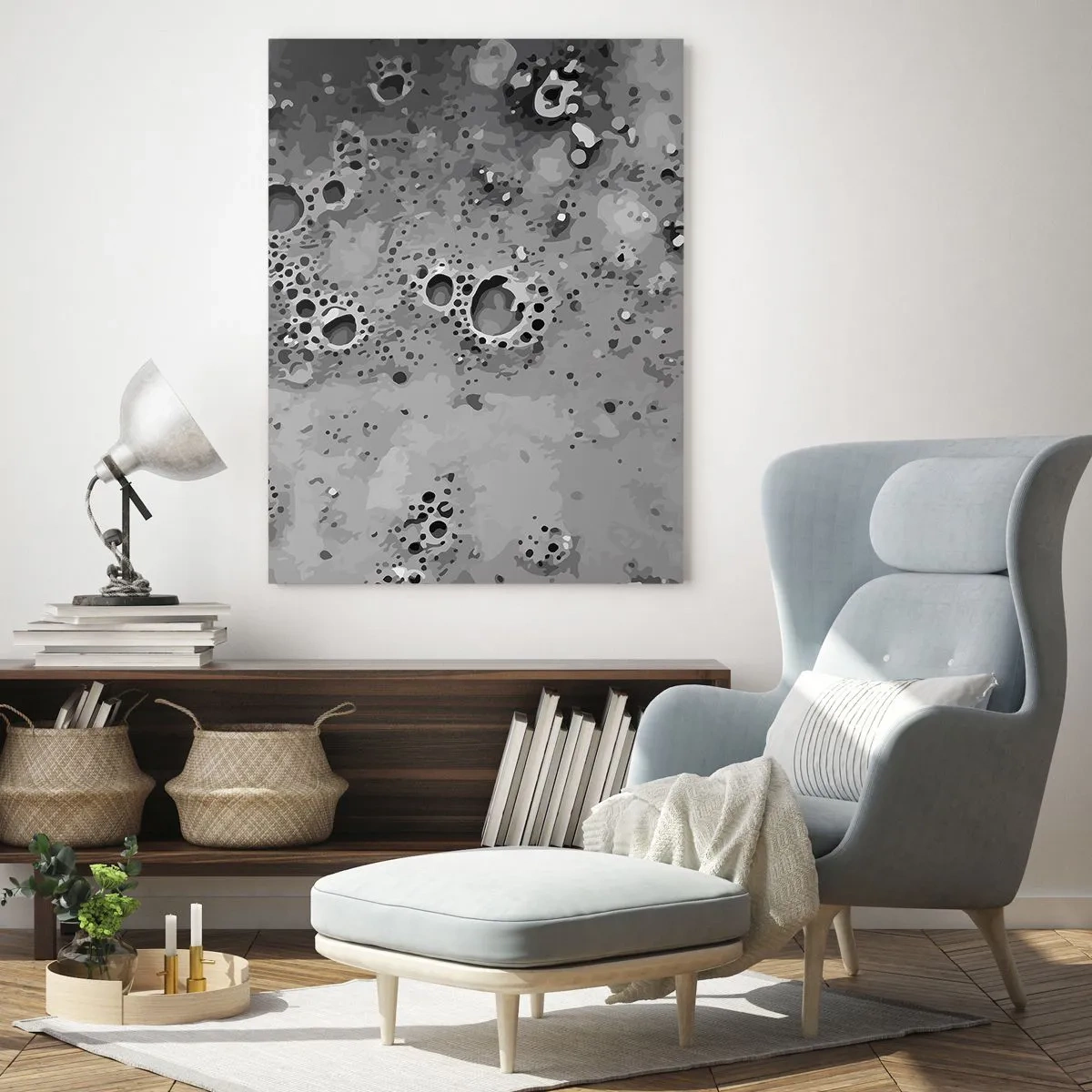 Impression sur verre - Image sur verre - Un motif abstrait ressemblant à la surface de la lune dans des tons de gris. - 50x70cm - Comme un paysage lunaire - Décoration murale moderne pour le salon et la chambre ARTTOR