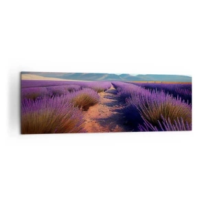 Impression sur toile - Image sur toile - Un champ de lavande avec vue sur les montagnes et le ciel bleu - 160x50cm - Champs parfumés - Décoration murale moderne pour le salon et la chambre ARTTOR