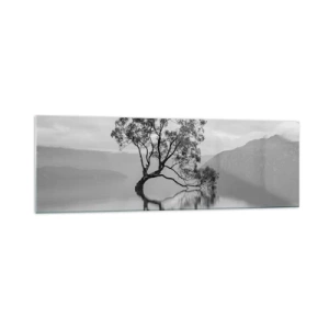 Impression sur verre - Image sur verre - Un arbre solitaire se reflétant dans l'eau avec des montagnes en arrière-plan - 160x50cm - Un tel pays existe - Décoration murale moderne pour le salon et la chambre ARTTOR
